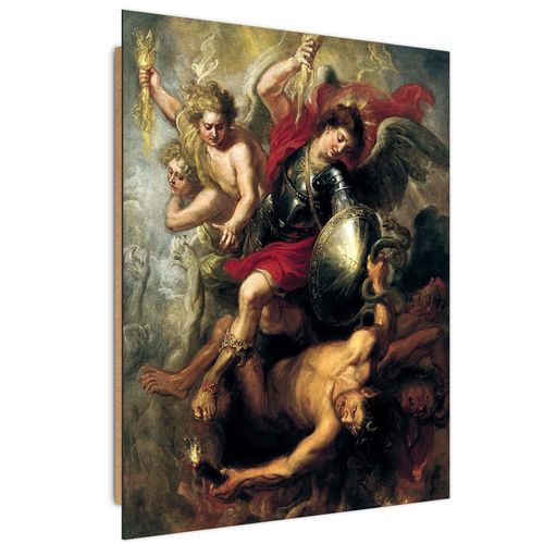 Tableau Bois L'archange Michael Précipita Lucifer Et Les Anges Rebelles 50 X 70 Cm Rouge