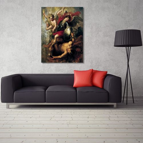 Tableau Bois L'archange Michael Précipita Lucifer Et Les Anges Rebelles 70 X 100 Cm Rouge