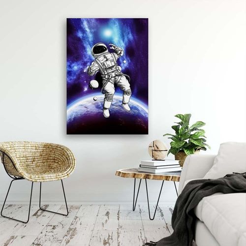 Tableau Bois Cosmonaute Dans L'espace 40 X 60 Cm Bleu