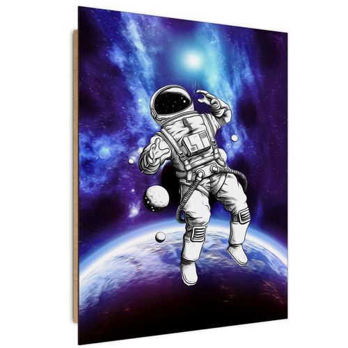 Tableau Bois Cosmonaute Dans L'espace 40 X 60 Cm Bleu