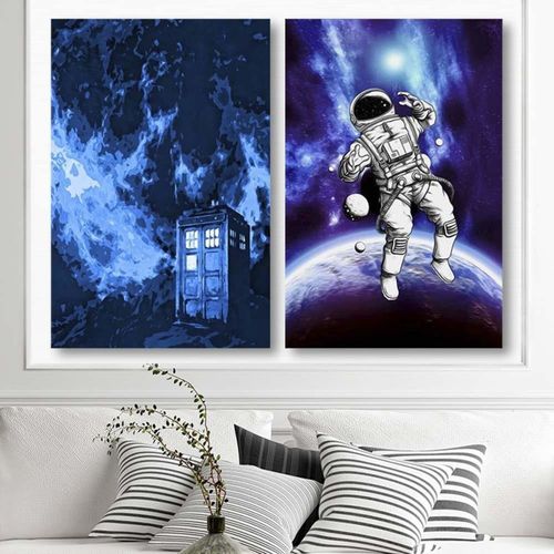 Tableau Bois Cosmonaute Dans L'espace 50 X 70 Cm Bleu