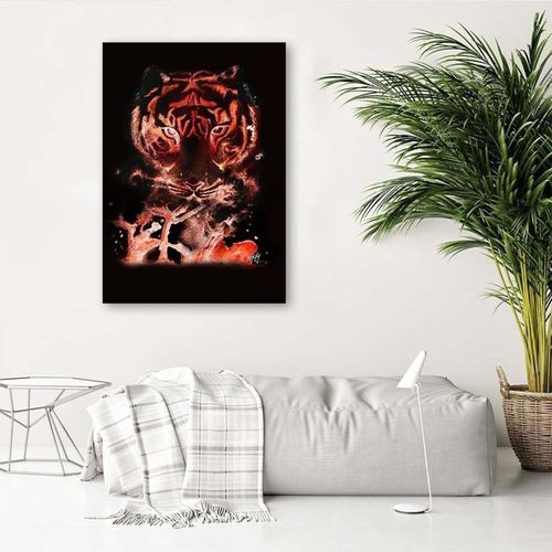 Tableau Tigre De Bois Sur Fond Rouge 40 X 60 Cm Noir