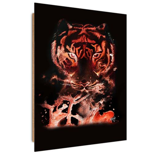 Tableau Tigre De Bois Sur Fond Rouge 40 X 60 Cm Noir