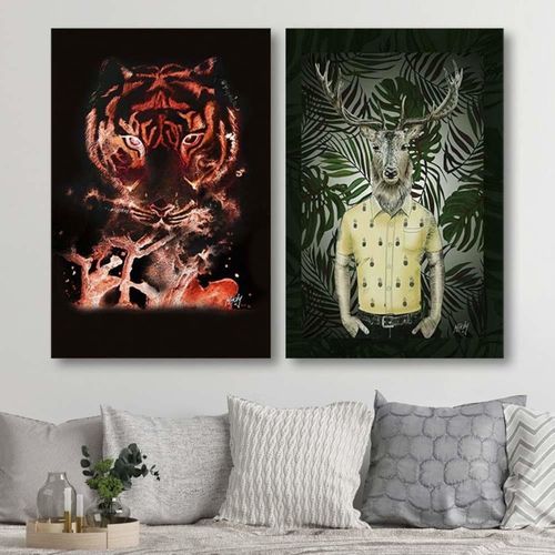 Tableau Tigre De Bois Sur Fond Rouge 70 X 100 Cm Noir