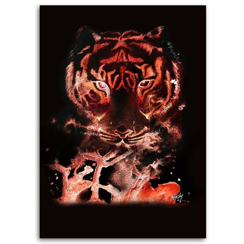 Tableau Tigre De Bois Sur Fond Rouge 70 X 100 Cm Noir