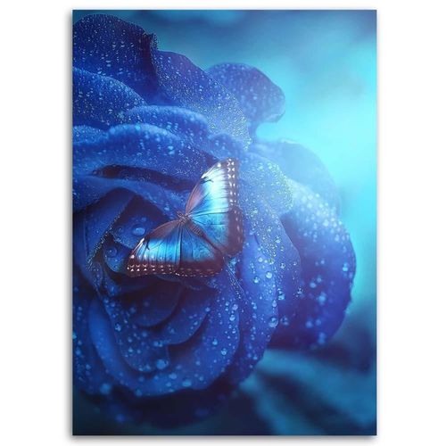 Tableau Papillon Bois Perché Sur Une Fleur 40 X 60 Cm Bleu