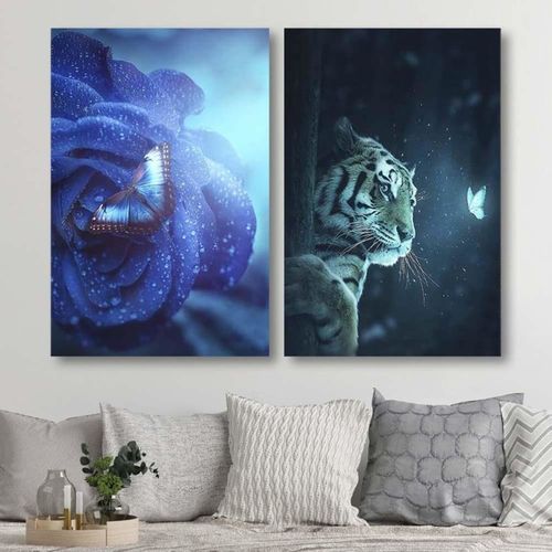 Tableau Papillon Bois Perché Sur Une Fleur 70 X 100 Cm Bleu