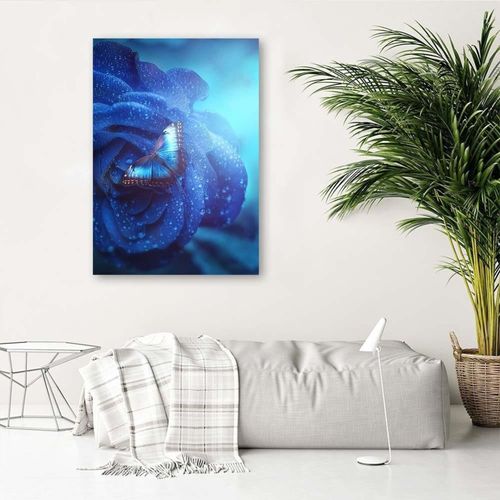 Tableau Papillon Bois Perché Sur Une Fleur 70 X 100 Cm Bleu