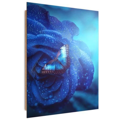 Tableau Papillon Bois Perché Sur Une Fleur 70 X 100 Cm Bleu