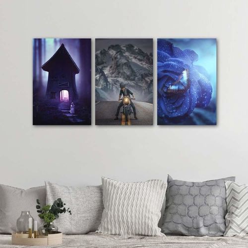 Tableau Motard Sur La Route 50 X 70 Cm Bleu