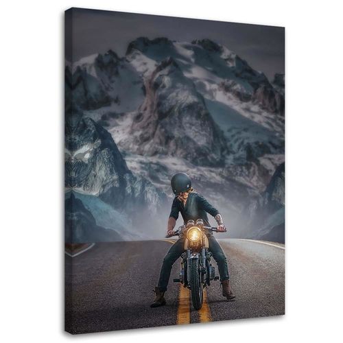 Tableau Motard Sur La Route 50 X 70 Cm Bleu