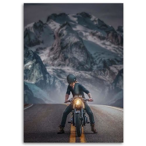 Tableau Motard Sur La Route 70 X 100 Cm Bleu