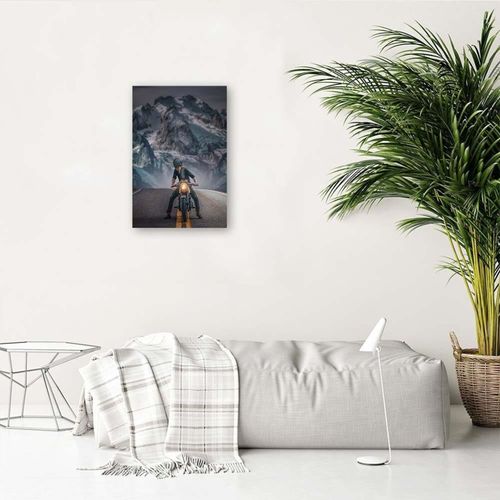 Tableau Motard Sur La Route 70 X 100 Cm Bleu