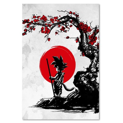 Tableau Bois Dragon Ball Son Goku Sous Un Cerisier I 40 X 60 Cm Rouge