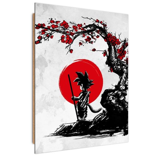 Tableau Bois Dragon Ball Son Goku Sous Un Cerisier I 80 X 120 Cm Rouge