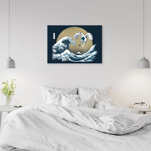 Tableau Pokemon Lugia Et La Grande Vague De Kanagawa 90 X 60 Cm Bleu