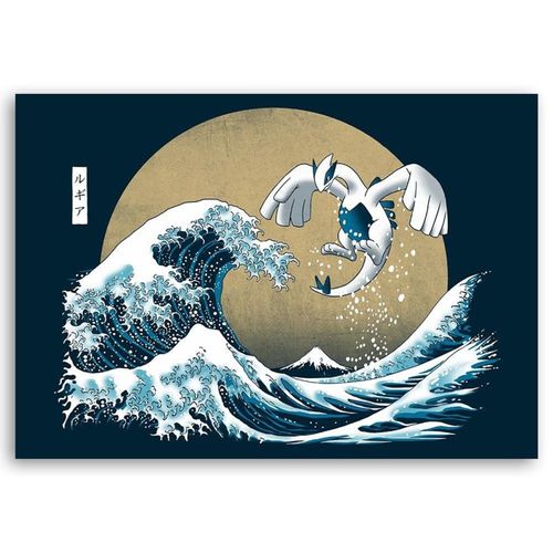Tableau Bois Pokemon Lugia Et La Grande Vague De Kanagawa 90 X 60 Cm Bleu