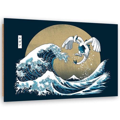 Tableau Bois Pokemon Lugia Et La Grande Vague De Kanagawa 90 X 60 Cm Bleu