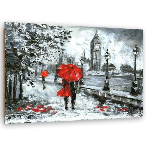 Tableau Bois Londres Sous La Pluie 90 X 60 Cm Rouge