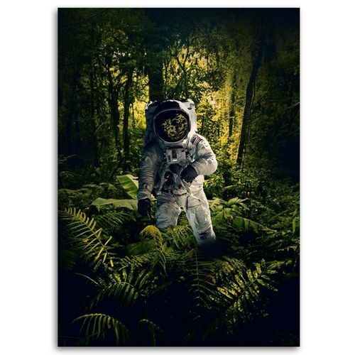 Tableau Bois Astronaute Parmi Les Plantes Abstraction 40 X 60 Cm Vert