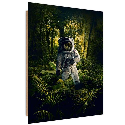 Tableau Bois Astronaute Parmi Les Plantes Abstraction 40 X 60 Cm Vert