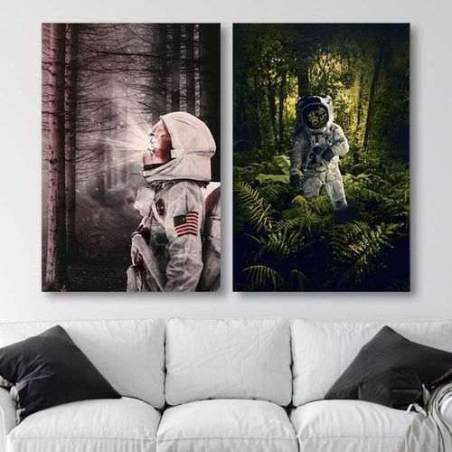 Tableau Bois Astronaute Parmi Les Plantes Abstraction 50 X 70 Cm Vert