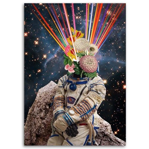 Tableau Bois Astronaute Collage 50 X 70 Cm Noir