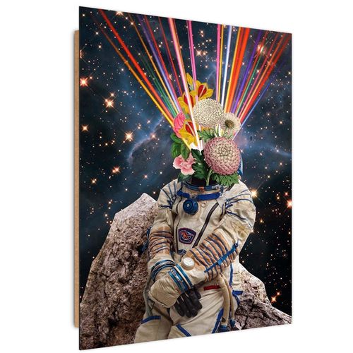 Tableau Bois Astronaute Collage 50 X 70 Cm Noir