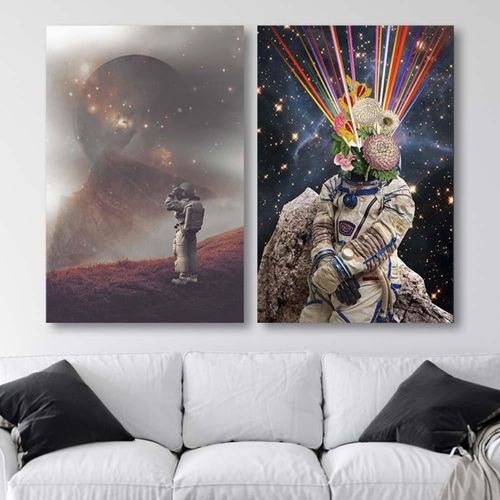 Tableau Bois Astronaute Collage 70 X 100 Cm Noir