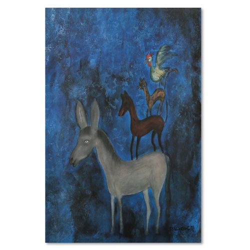 Tableau Bois Animaux Abstraction 60 X 80 Cm Bleu