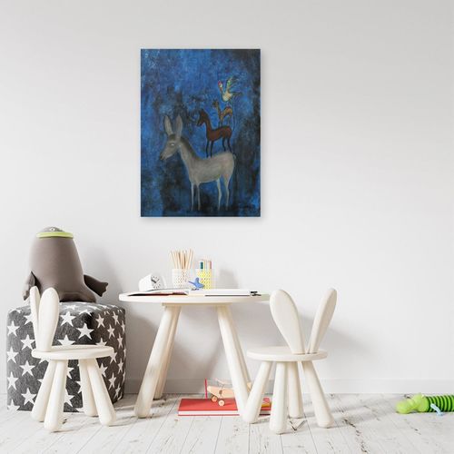 Tableau Bois Animaux Abstraction 60 X 80 Cm Bleu