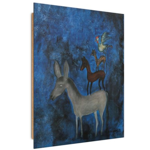 Tableau Bois Animaux Abstraction 60 X 80 Cm Bleu