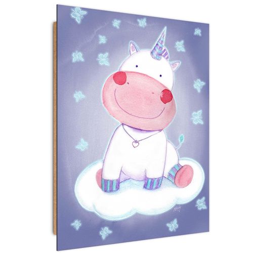 Tableau Bois Licorne Et Papillons Pour Enfants 50 X 70 Cm Violet