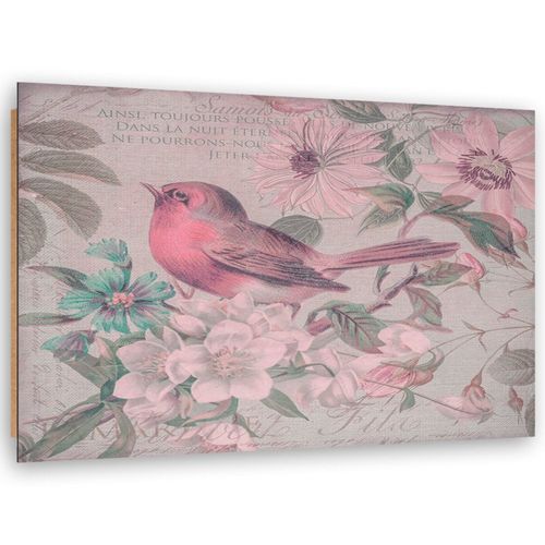 Tableau Bois Oiseau Et Fleurs 70 X 50 Cm Rose
