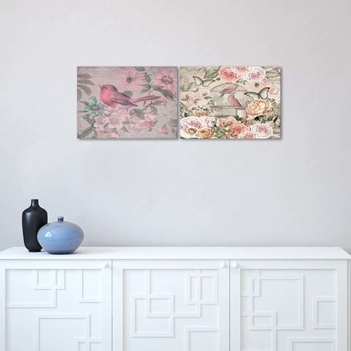 Tableau Bois Oiseau Et Fleurs 100 X 70 Cm Rose