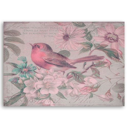 Tableau Bois Oiseau Et Fleurs 100 X 70 Cm Rose