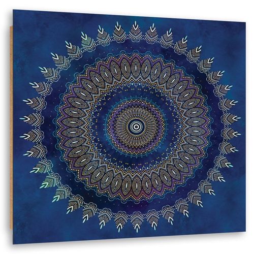 Tableau Bois Mandala, Abstraction 80 X 80 Cm Bleu
