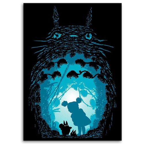 Tableau Bois Ghibli Mon Voisin Totoro Silhouette 70 X 100 Cm Bleu