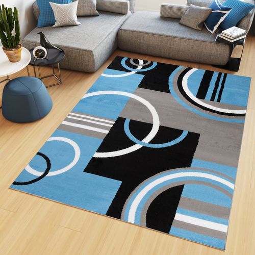 Tapis Salon Rectangle Bleu Gris Noir Géométrique Maya 130x190