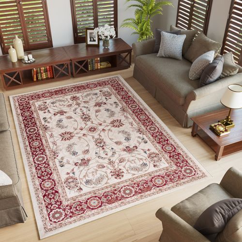Tapis Salon Classique Crème Rouge Gris Fleuri Fin 180x250 Colorado
