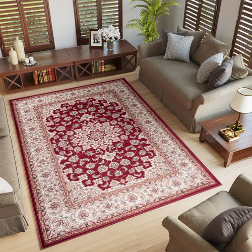 Tapis Salon Classique Rouge Crème Beige Médaillon Fin 60x100 Colorado