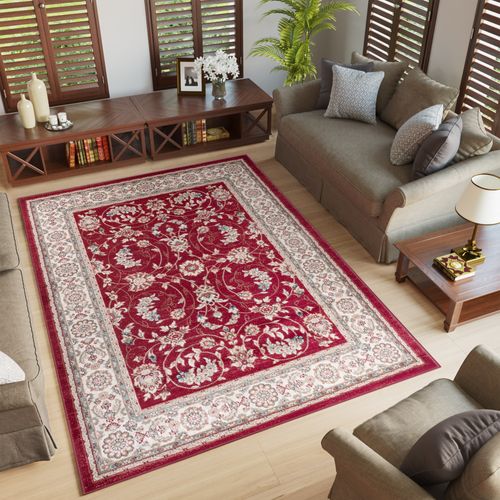 Tapis Salon Oriental Rouge Crème Gris Fleuri Fin 60x100 Colorado