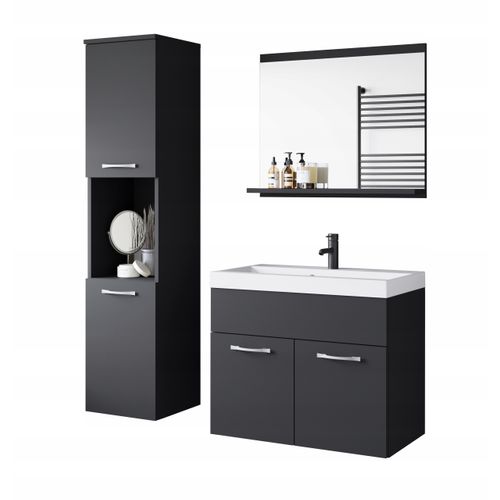 Salle De Bain Suspendue Lavabo Miroir + Colonnes Noir Mat