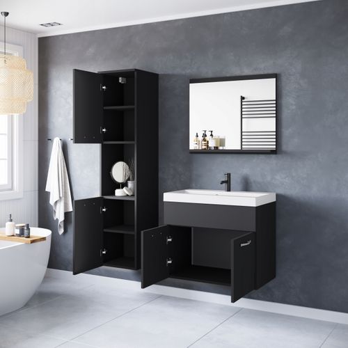 Salle De Bain Suspendue Lavabo Miroir + Colonnes Noir Mat