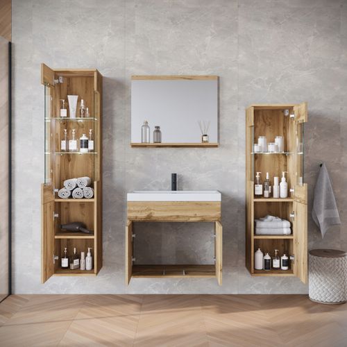 Salle De Bain Suspendue Lavabo Miroir + Éléments Verre Chêne Wotan