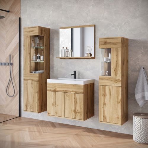 Salle De Bain Suspendue Lavabo Miroir + Éléments Verre Chêne Wotan