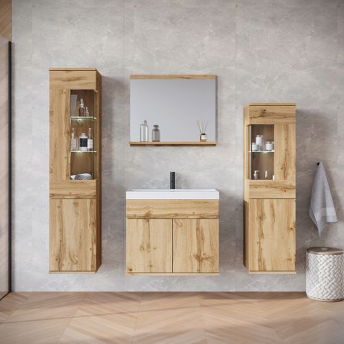 Salle De Bain Suspendue Lavabo Miroir + Éléments Verre Chêne Wotan