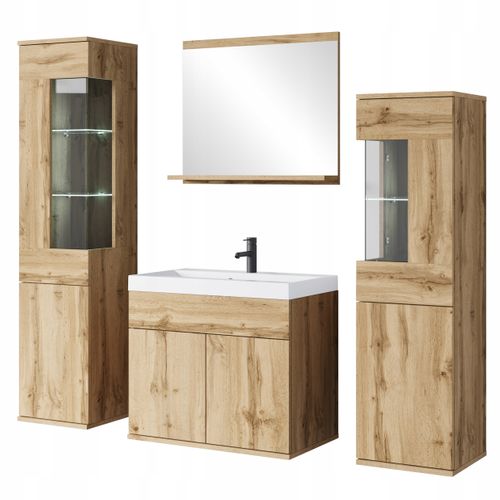 Salle De Bain Suspendue Lavabo Miroir + Éléments Verre Chêne Wotan