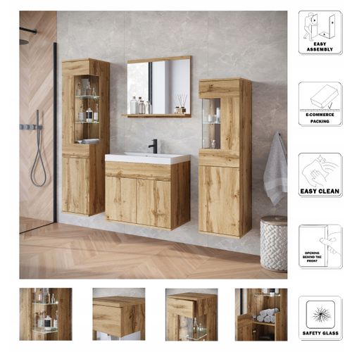 Salle De Bain Suspendue Lavabo Miroir + Éléments Verre Chêne Wotan