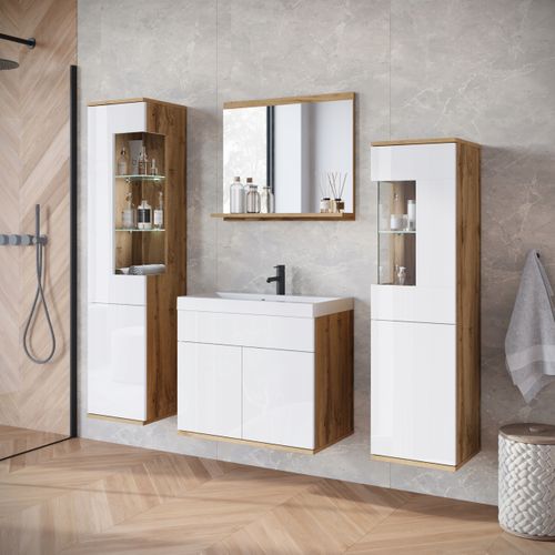 Salle De Bain Suspendue Lavabo Miroir + Verre Chêne Wotan / Blanc Brillant